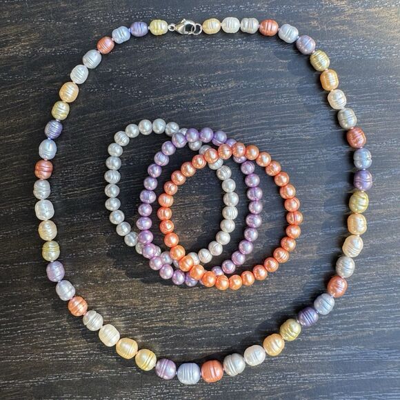 Honora 20” Multicolor Freshwater Pearl Necklace + Stretch Bracelets Sterling 925 - Picture 11 of 15